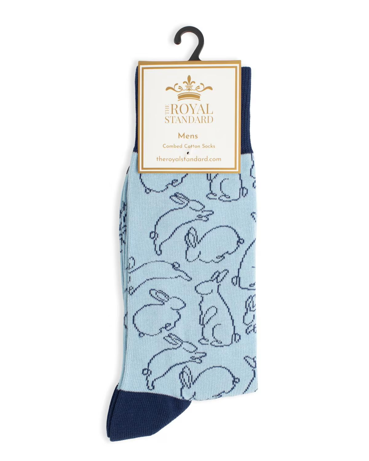 Light blue men’s socks with dark blue heel, toe, and cuff, bunny outline pattern. Sizes: M, L. Packaged as The Royal Standard.