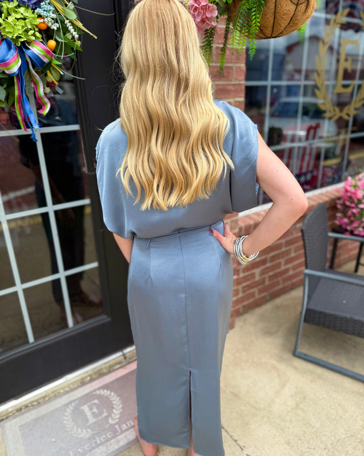 Slate Blue Satin Tie-Waist Midi Dress, available in sizes XS-XL.