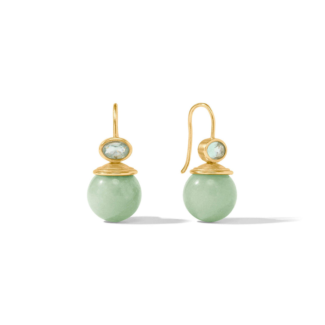 Gold-plated Julie Vos Portofino Demi drop earrings with a round light green stone and an oval light blue stone.