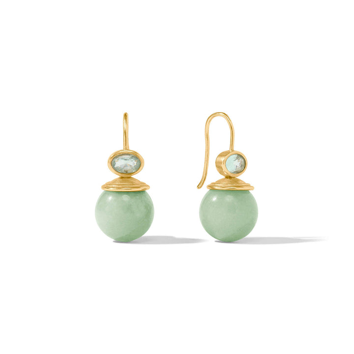 Gold-plated Julie Vos Portofino Demi drop earrings with a round light green stone and an oval light blue stone.