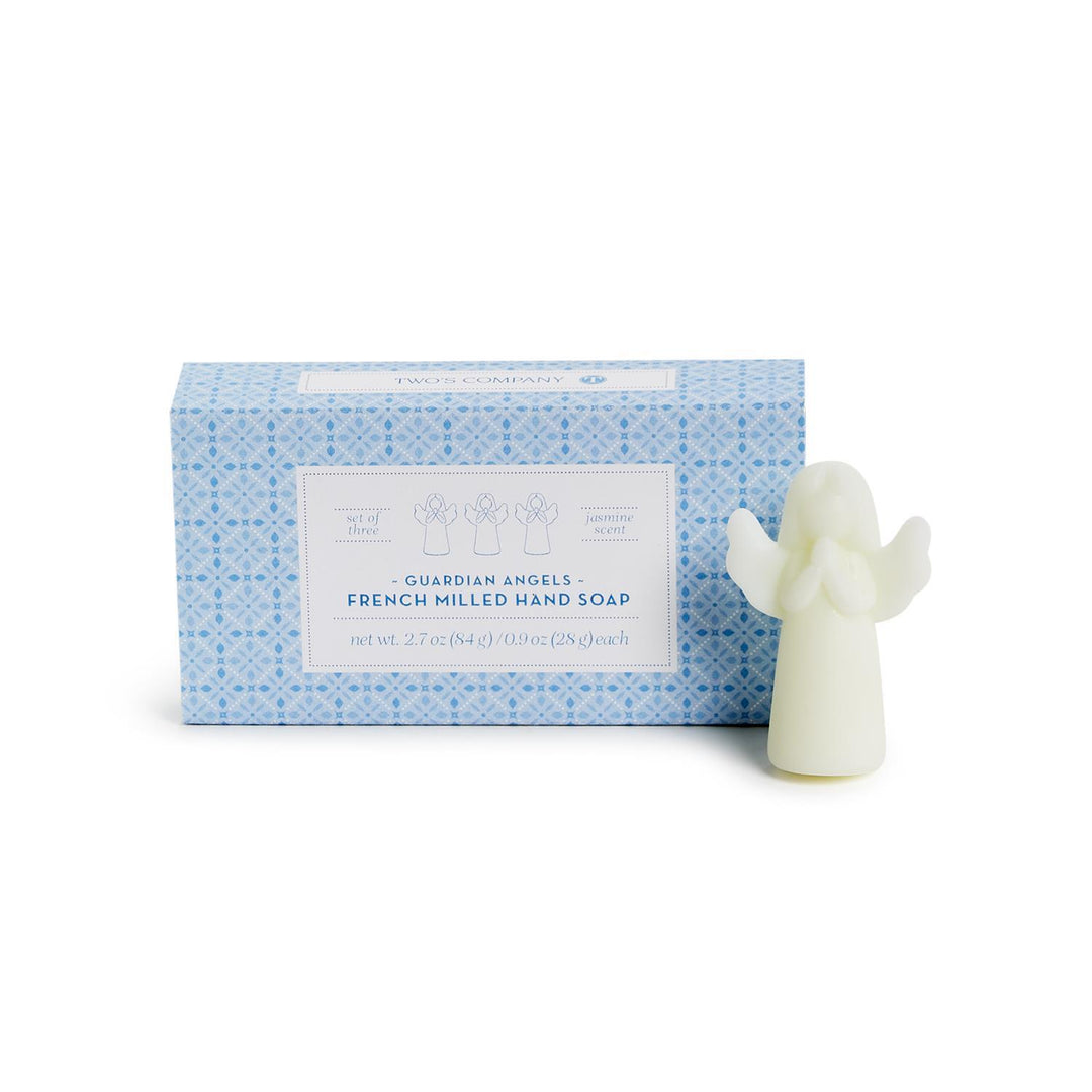 Set of 3 jasmine-scented French milled angel-shaped soaps in a blue patterned box.