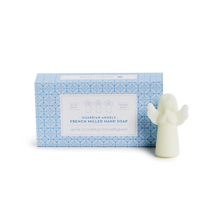 Set of 3 jasmine-scented French milled angel-shaped soaps in a blue patterned box.