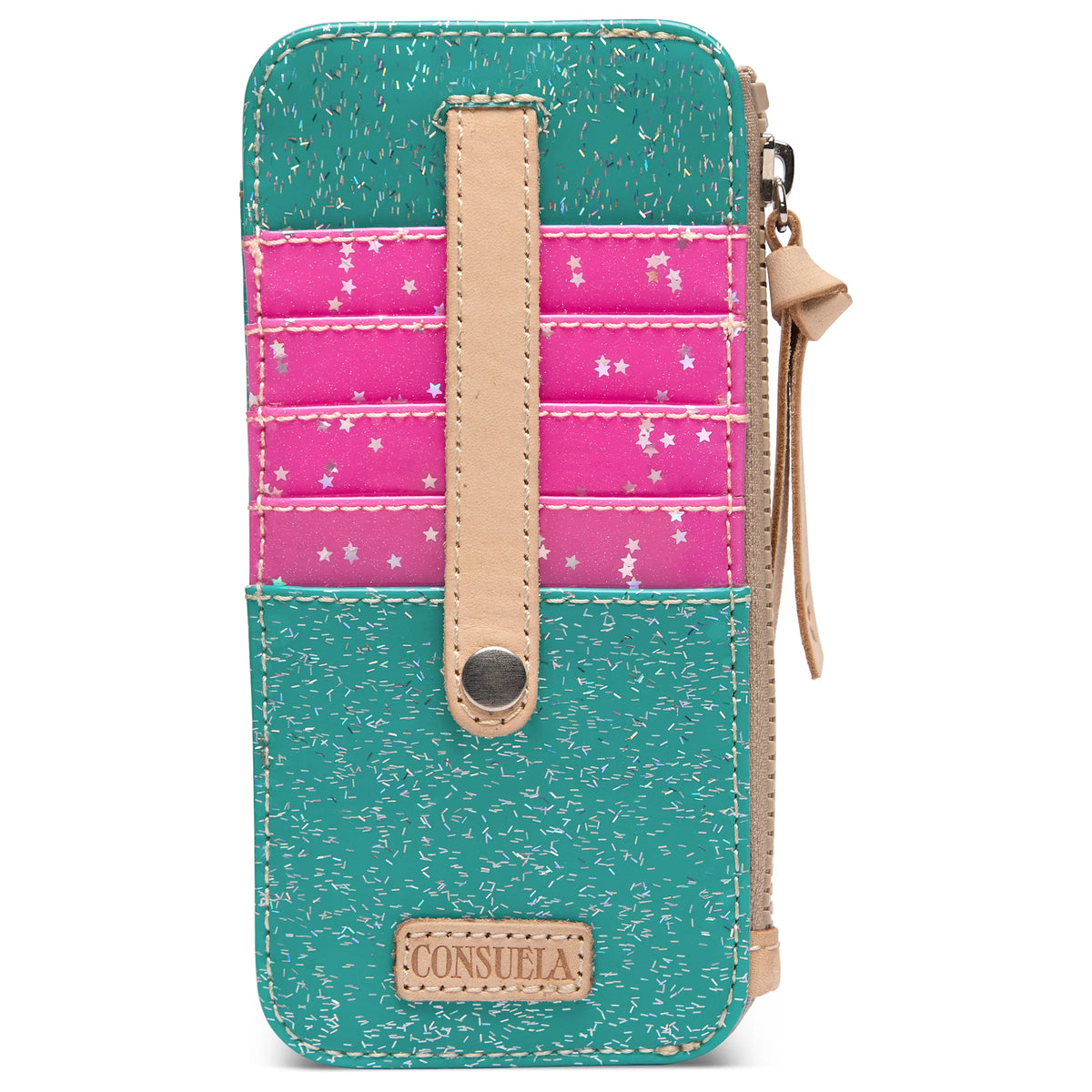 Card Organizer Shay: compact wallet with teal and pink sections, tan accents, snap closure, strap, “Consuela” patch at bottom, and white star patterns on pink area. Available in one size.