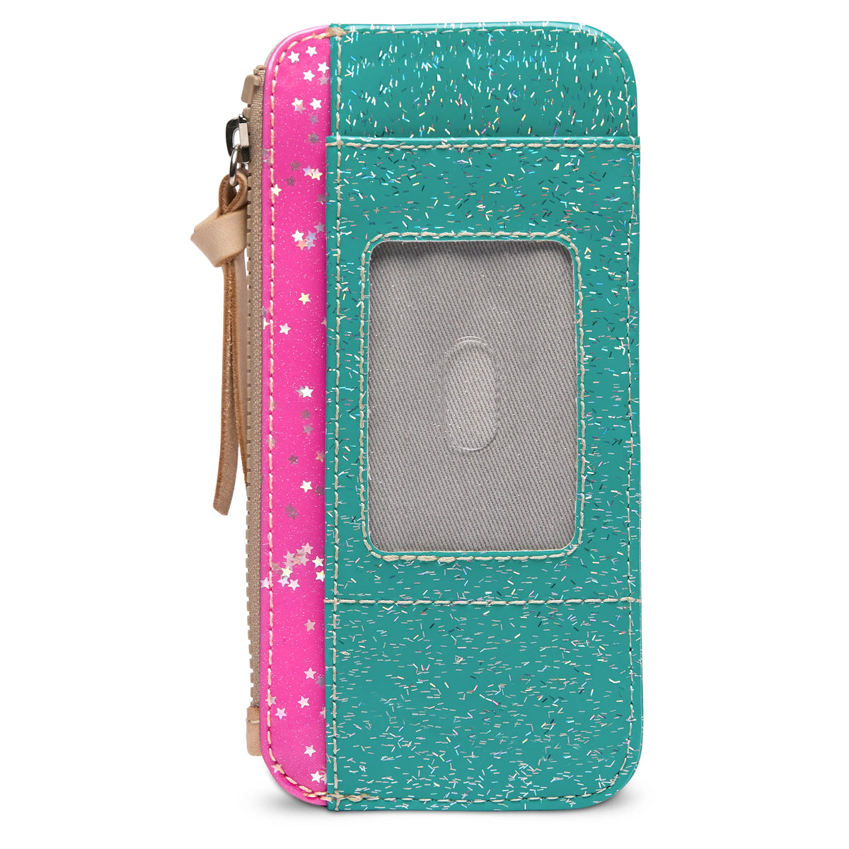 Card Organizer Shay: compact wallet in teal and pink with white speckles, clear front window, tan zipper pull, and star-patterned side section. Available in small and medium sizes.