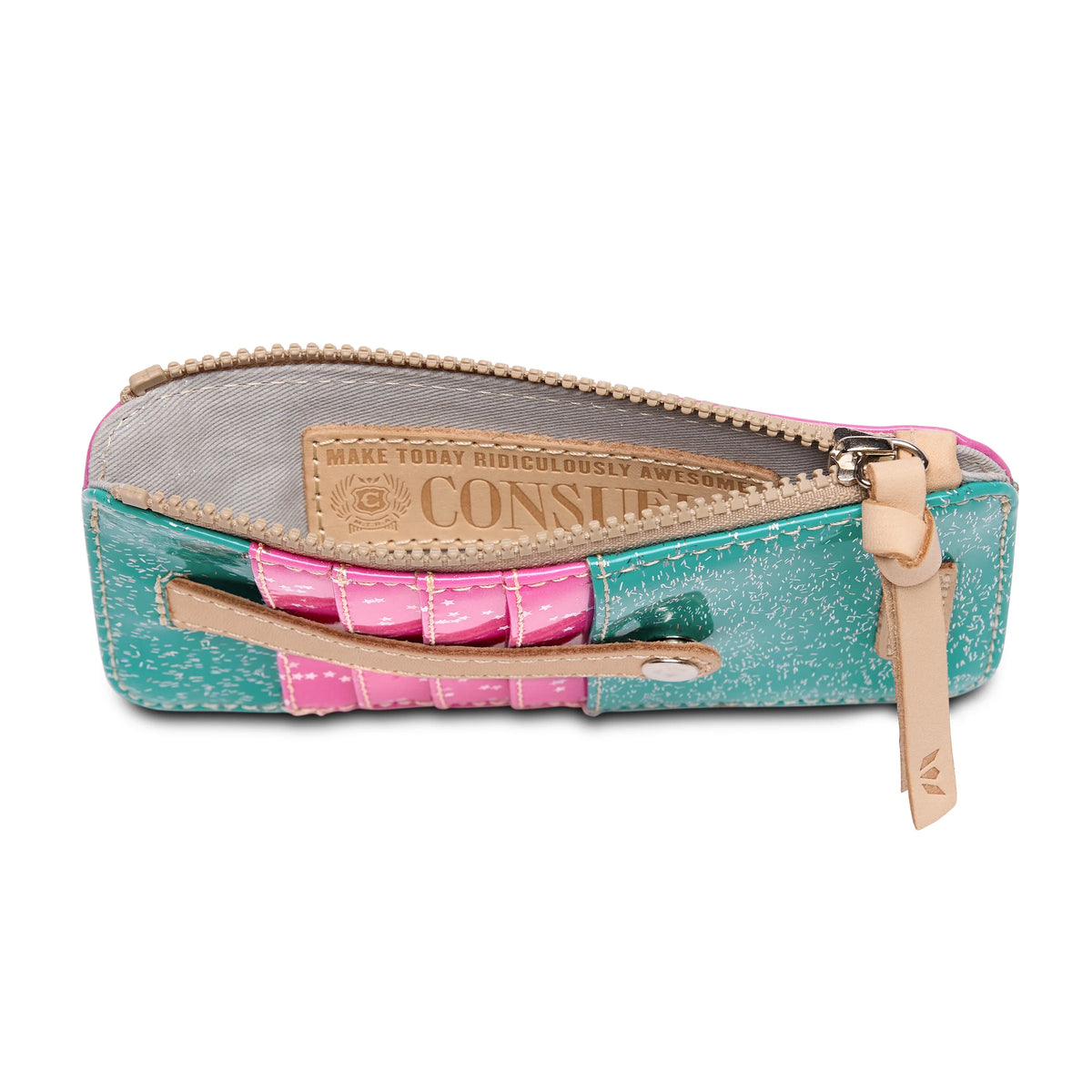 The Shay Card Organizer is a compact zippered pouch with a teal, pink, and beige design, beige zipper pull, and inner tag reading “MAKE TODAY RIDICULOUSLY AWESOME.” Available in one size.