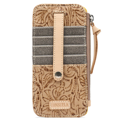 Tan tooled leather phone wallet with floral embossing, three gray glitter card slots, snap closure strap, right-side zipper pocket, and “CONSUElA” label at the bottom. Sizes available.