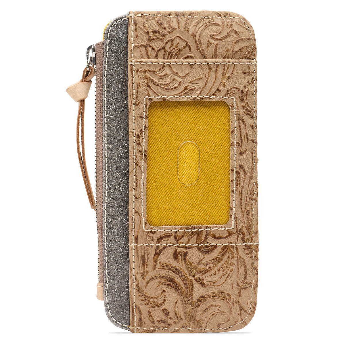 The Lawton Card Organizer is a tan tooled leather wallet with an embossed floral pattern, yellow ID window, zipper closure, and side strap; available in multiple sizes.