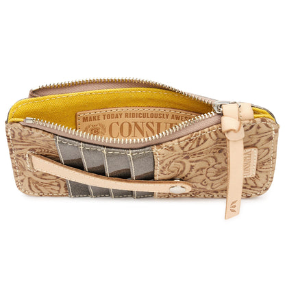 The Lawton Card Organizer is a beige and tan tooled leather wallet with a zipper closure, yellow interior, multiple card slots, and the message “MAKE TODAY RIDICULOUSLY AWESOME.” Available in small and large sizes.