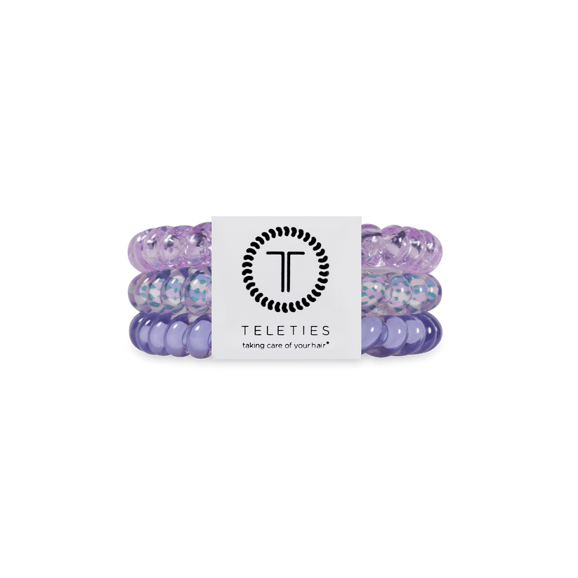 Three Classic Lavender Mist TELETIES hair ties on branded card; available in small and large sizes.