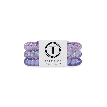 Three Classic Lavender Mist TELETIES hair ties on branded card; available in small and large sizes.