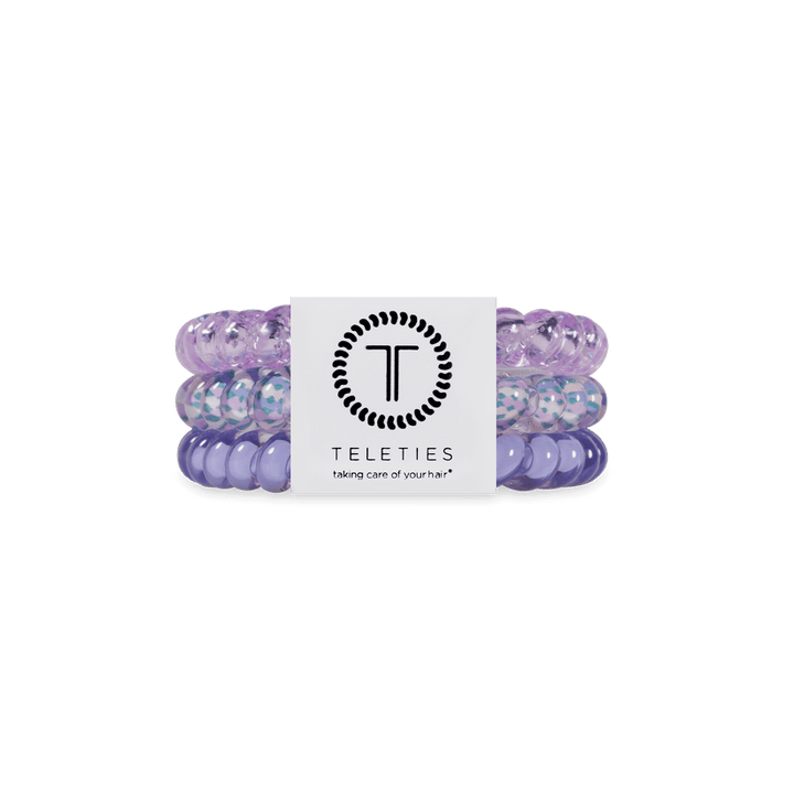Three Classic Lavender Mist TELETIES hair ties on branded card; available in small and large sizes.