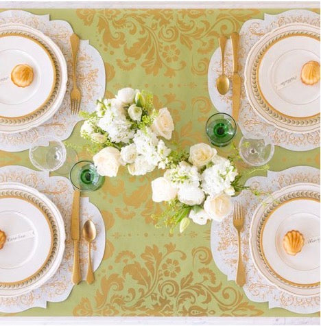 Light Green Damask Table Runner shown as an extra-wide accent on table. Available in standard and wide sizes.