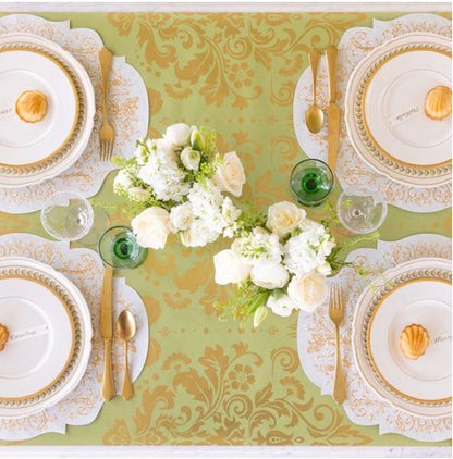 Light Green Damask Table Runner shown as an extra-wide accent on table. Available in standard and wide sizes.