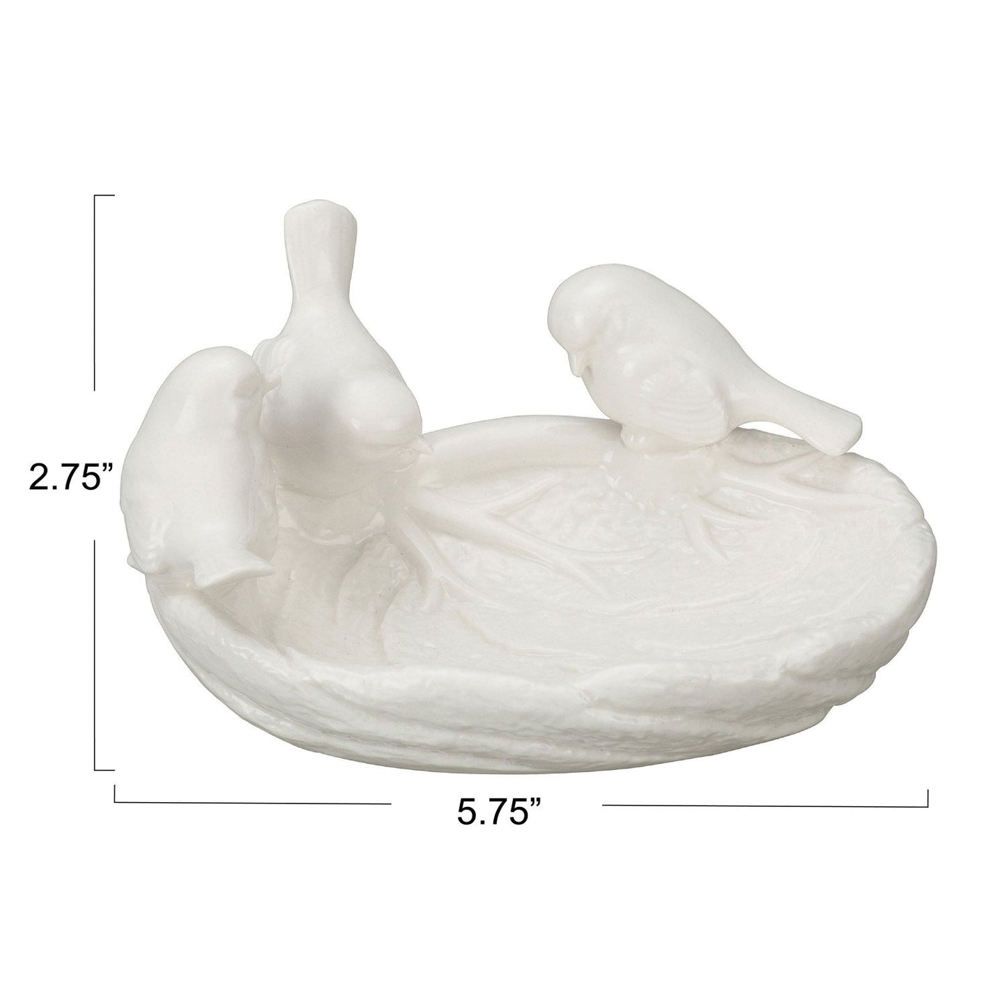 White ceramic leaf dish with three sculpted birds on the rim, size 2.75" tall by 5.75" wide.
