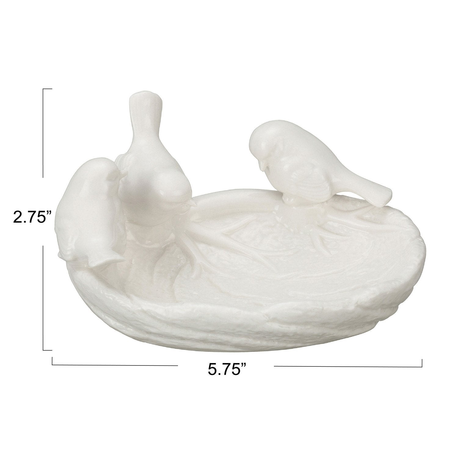 White ceramic leaf dish with three sculpted birds on the rim, size 2.75" tall by 5.75" wide.
