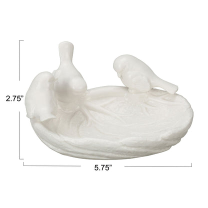 White ceramic leaf dish with three sculpted birds on the rim, size 2.75" tall by 5.75" wide.