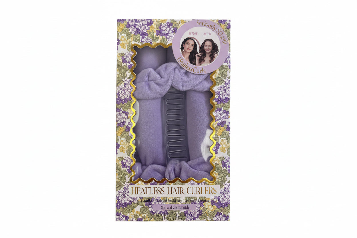 Lavender Heatless Hair Curler with matching clamp in floral packaging. Available in small, medium, and large sizes.