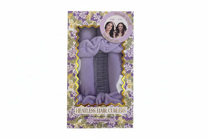 Lavender Heatless Hair Curler with matching clamp in floral packaging. Available in small, medium, and large sizes.