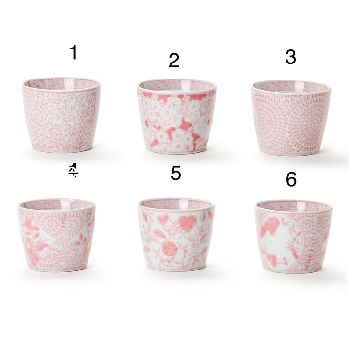 Pink Chinoiserie cachepot with hand-painted floral and geometric patterns in porcelain. Available in small and large sizes.