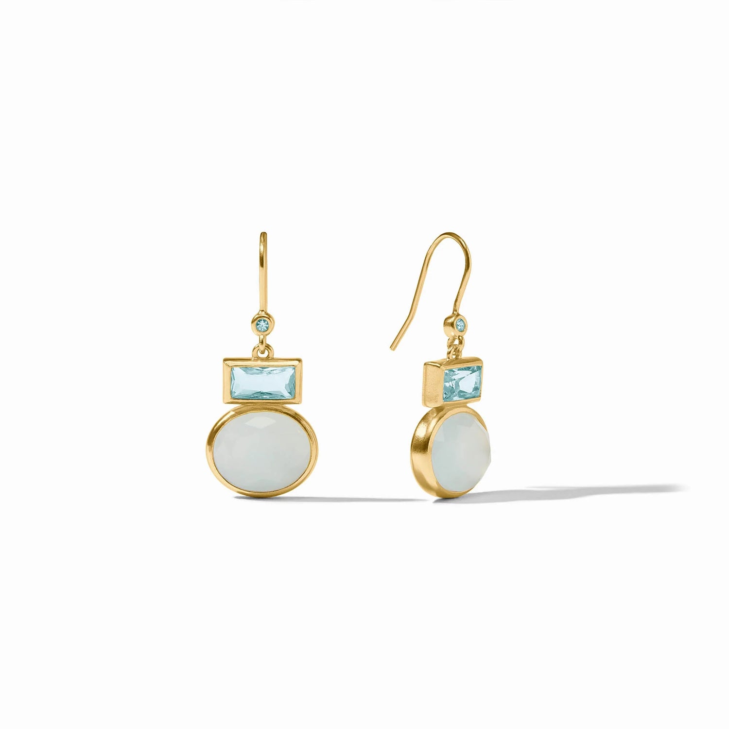 24K gold earrings with a small blue gem, a rectangular aquamarine, and an oval white stone. Available in midi size.
