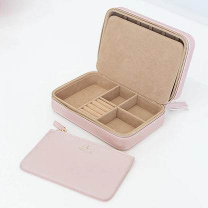 Light pink Hollis jewelry organizer with multiple compartments and soft beige interior. Available in small, medium, large.