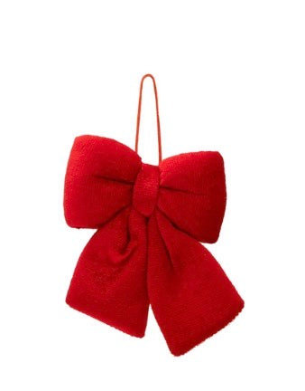 Velvet Red Bows decorative bow with a thin hanging loop.