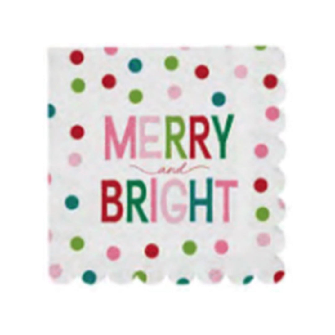 Scalloped, square Holiday Cocktail Napkins with pink, red, and green polka dots and “MERRY and BRIGHT” text.
