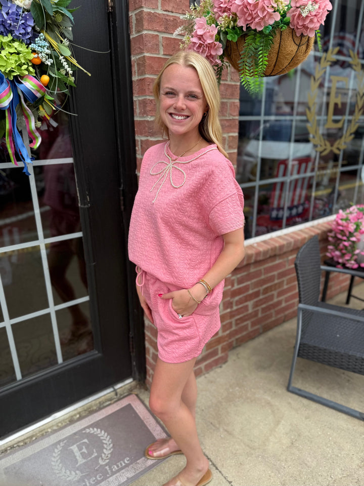 Pearl Pink Ribbon Trim Textured Set featuring ribbon trim and textured fabric; available in sizes XS–XL.