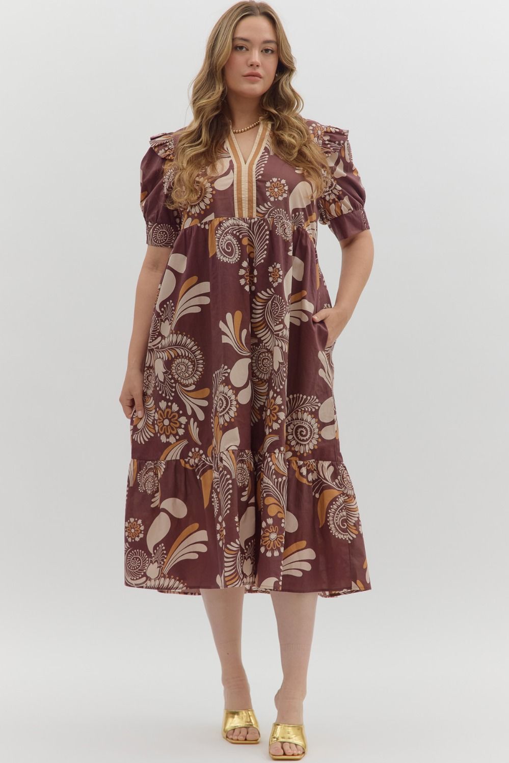 Betty Floral Dress: loose midi, brown and beige abstract floral print, ruffled shoulders. Available in sizes XS-XL.