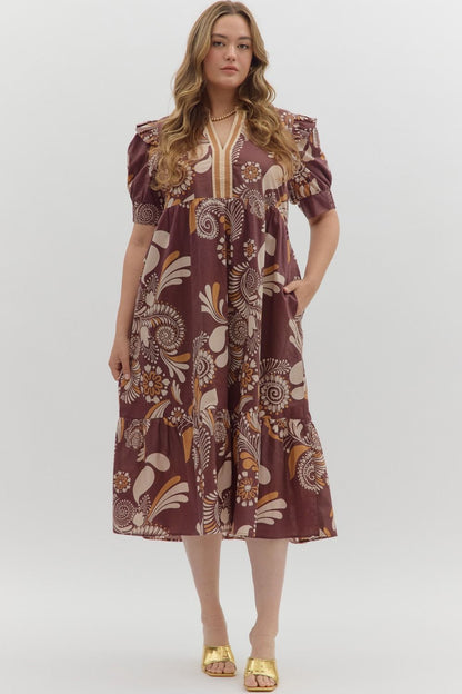 Betty Floral Dress: loose midi, brown and beige abstract floral print, ruffled shoulders. Available in sizes XS-XL.