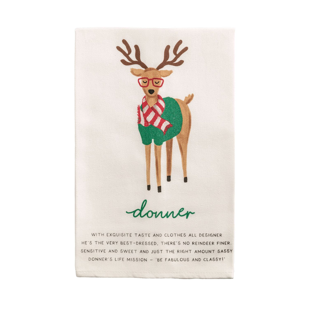 Santa’s Reindeer Poem Hand Towel featuring Donner with red glasses, a striped scarf, name, and poem. Available in various sizes.