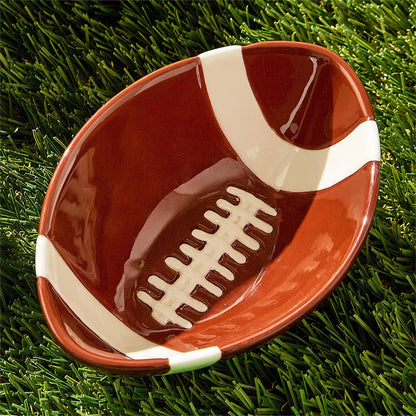 Football Tidbit Bowls shaped and painted like footballs, available in multiple sizes.
