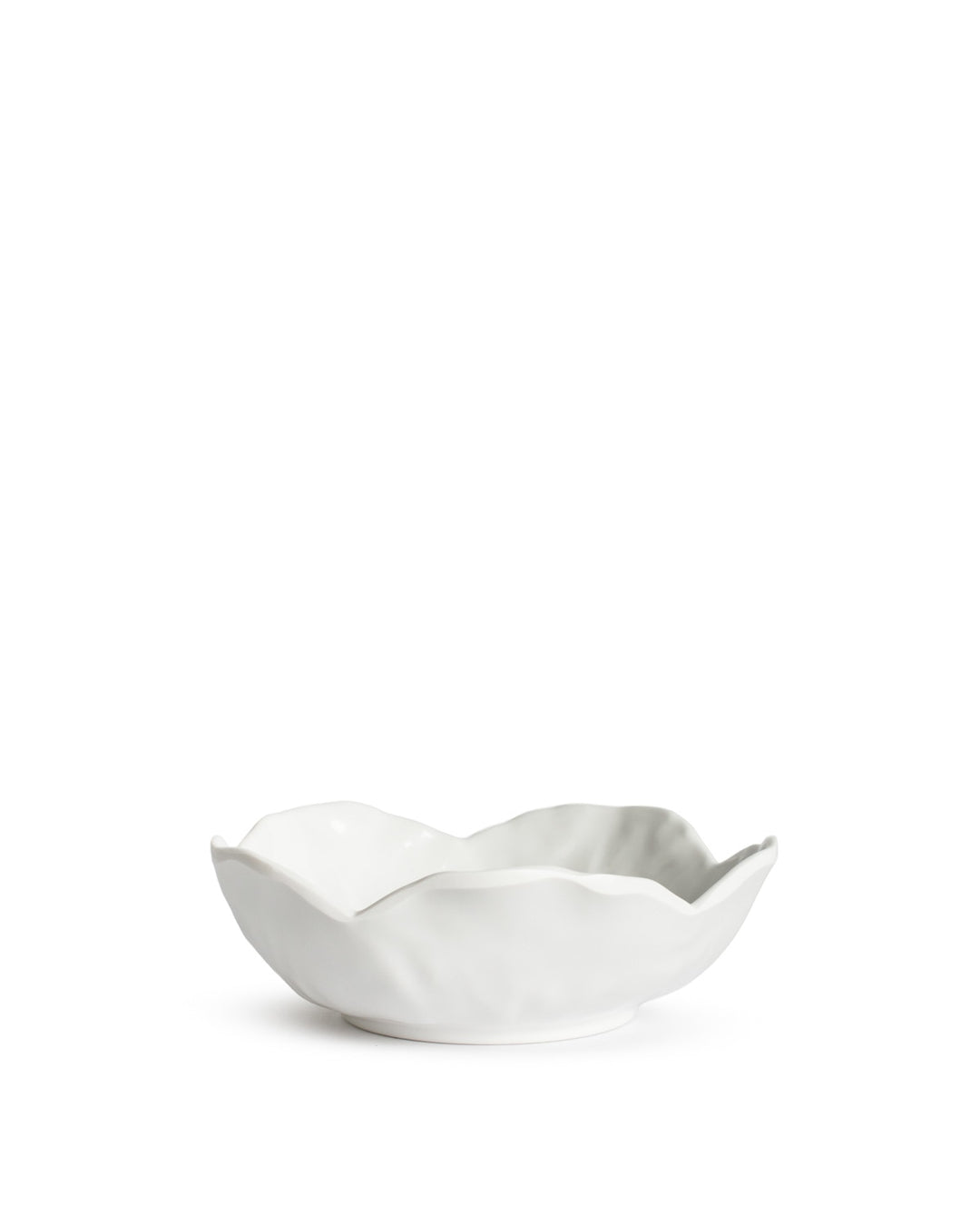 White serving bowl with wavy rim and cabbage-textured design. Available in small, medium, and large sizes.