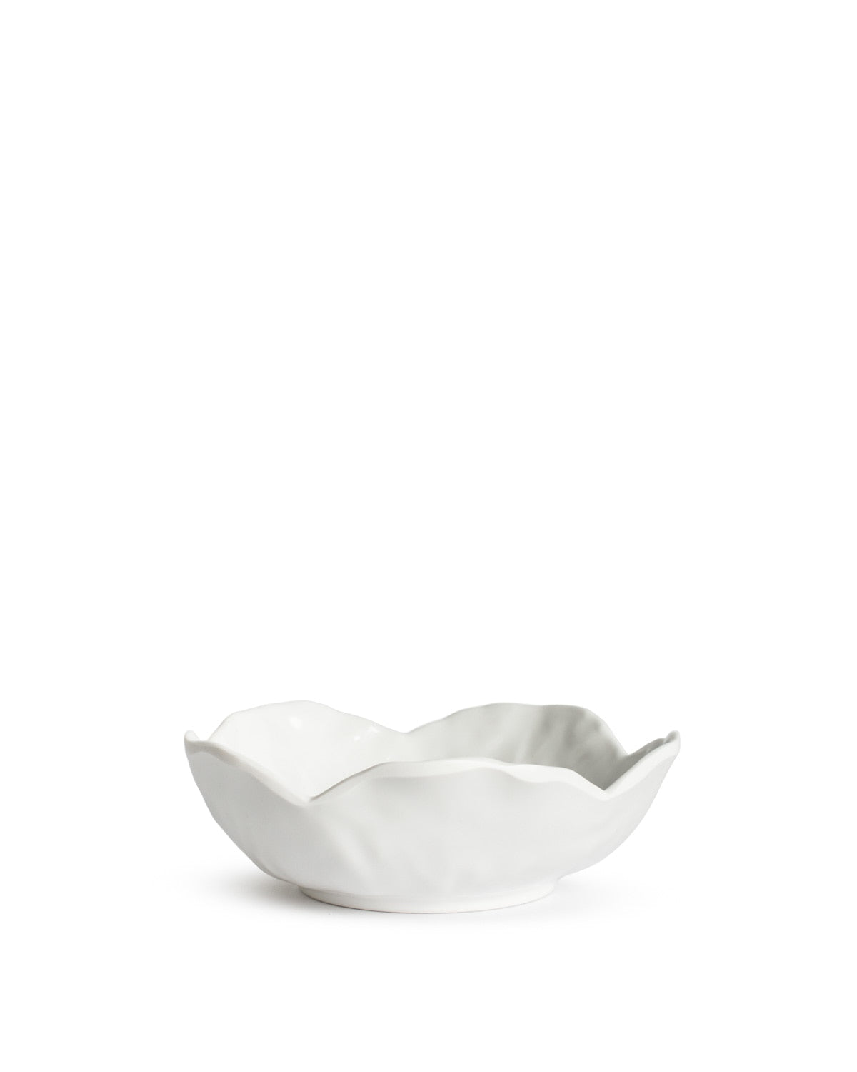White serving bowl with wavy rim and cabbage-textured design. Available in small, medium, and large sizes.