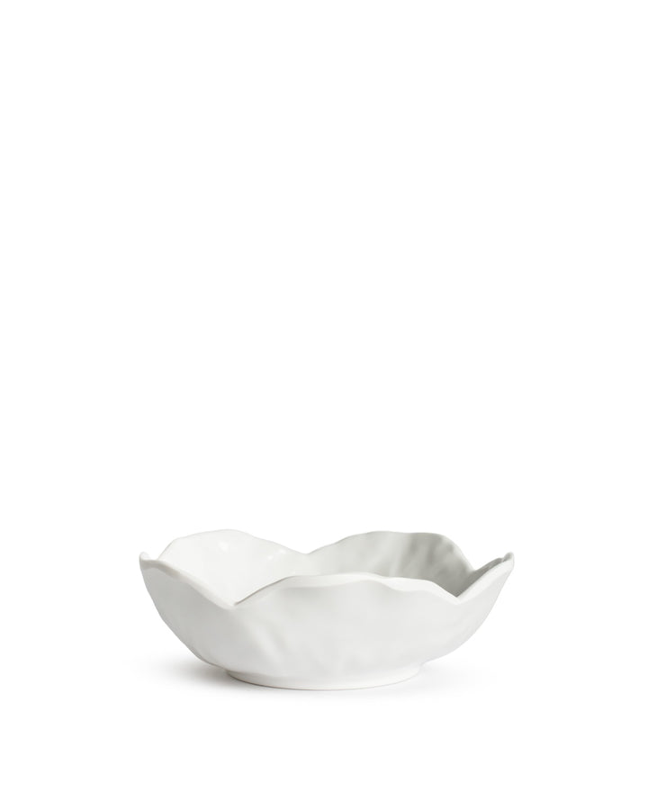 White serving bowl with wavy rim and cabbage-textured design. Available in small, medium, and large sizes.