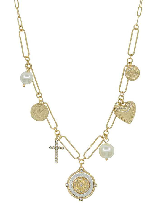 Gold Chain with Gold and Silver Coin, Cross, Heart and Pearl Charms