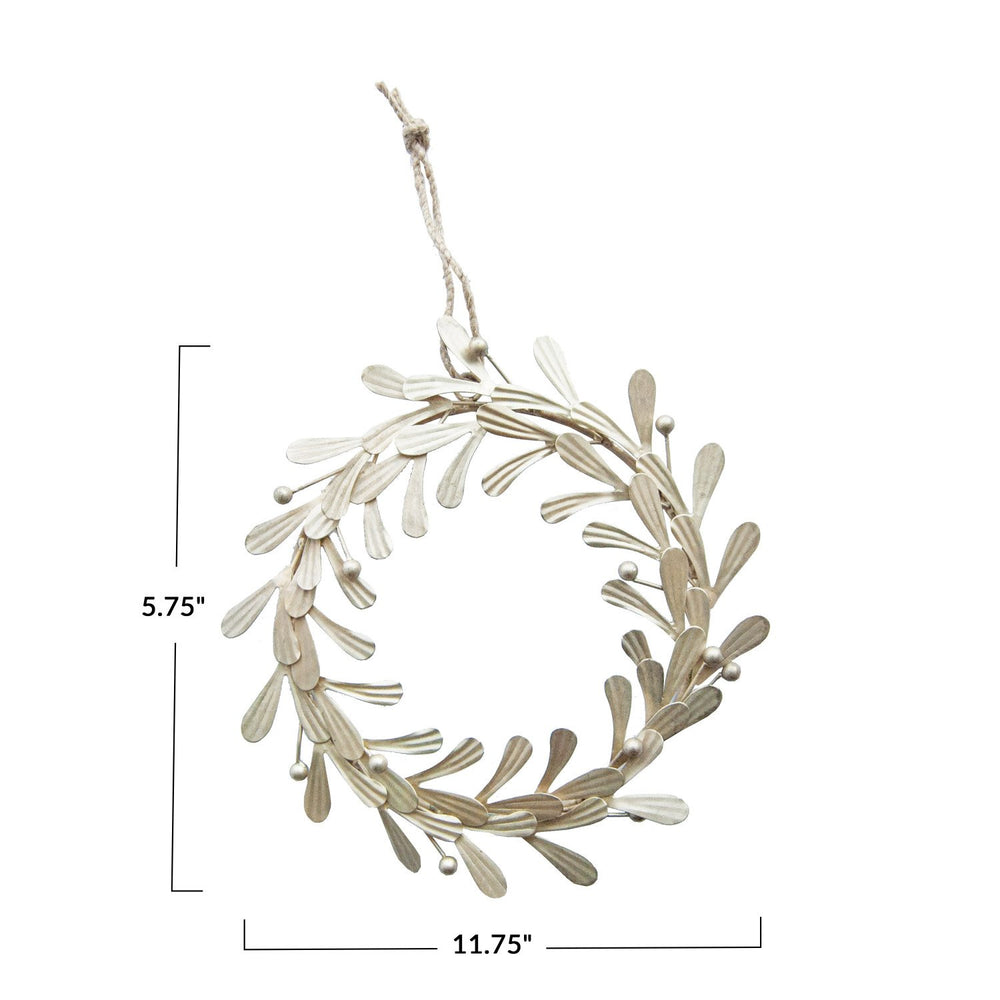 Distressed pewter metal leaves and berries wreath, 11.75” wide by 5.75” tall with hanging twine loop.