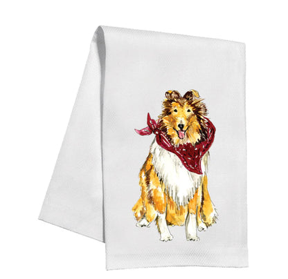 White cotton kitchen towel with a handpainted dog in red bandana; machine washable. Available sizes: 16"x28", 20"x30".