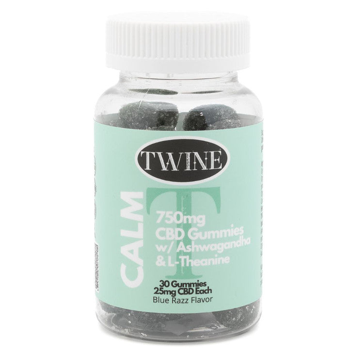 Clear bottle labeled "Calm Gummies" with 30 dark gummies, 25mg CBD each (750mg total), Blue Razz flavor.