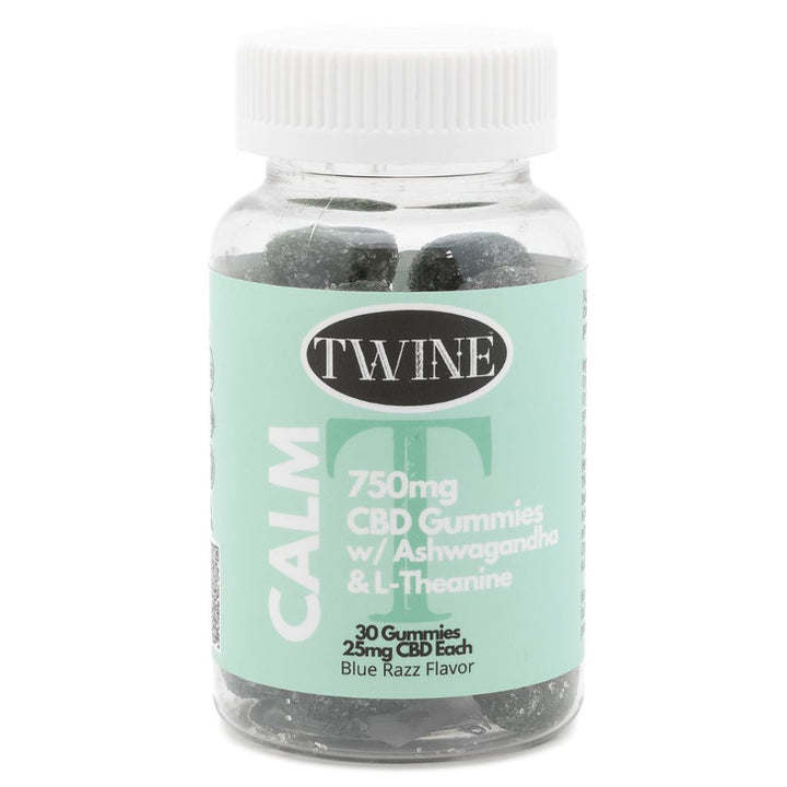 Clear bottle labeled "Calm Gummies" with 30 dark gummies, 25mg CBD each (750mg total), Blue Razz flavor.