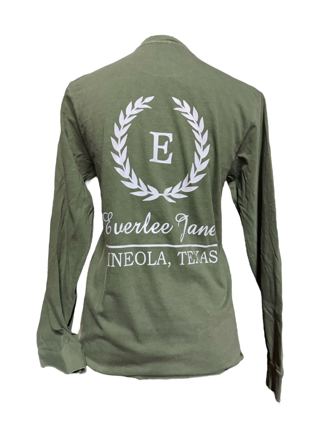 Unisex deep green cotton long-sleeve with white laurel and text on back. Available in sizes S–XXL.