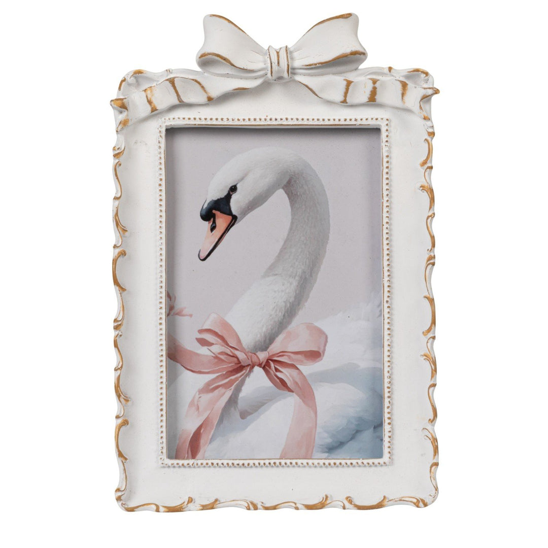 Plastic Photo Frame with Bow, ornate gold accents, 4x6 size, decorative bow on top.