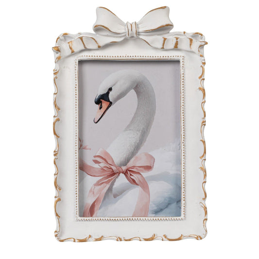 Plastic Photo Frame with Bow, ornate gold accents, 4x6 size, decorative bow on top.