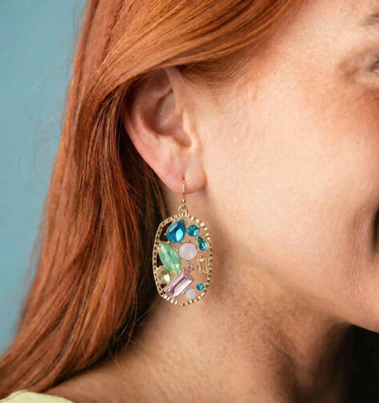 Oval Cluster Earrings with colorful gemstones and a gold border, available in small and medium sizes.