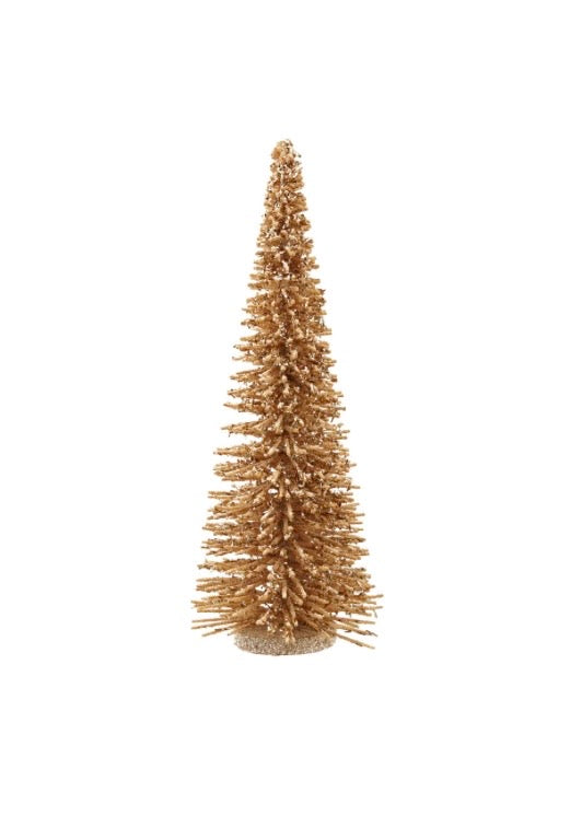 Conical gold glitter Willow Wood Tree decoration on a circular base.