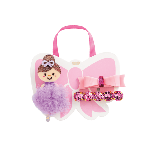 Ballerina Hair Clip: Pink and white bow-shaped hair accessory with a pink ribbon handle, soft purple pom-pom, pink bow, and three sparkly pink ballet-themed clips. Available in small and large sizes.