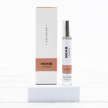Cologne Spray bottle (8ml) with minimalist black and copper text; includes matching white box.