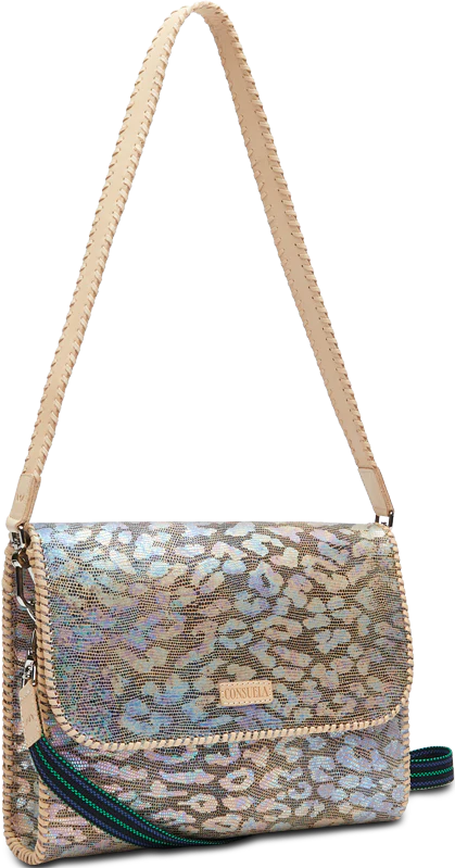 The Around Town, Iris bag features a shimmering multicolored leopard print design, flap closure with "Consuela" logo patch, beige adjustable strap, an additional colorful strap attached to gold-toned hardware, and leather trim. Available sizes: Small, Medium.