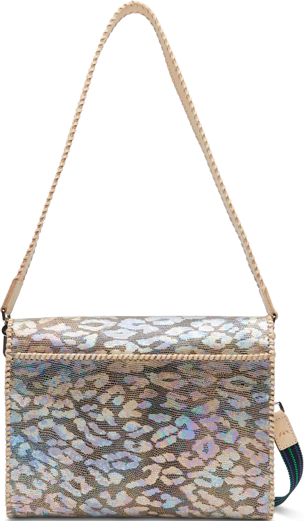 Stylish crossbody bag with shimmering holographic pattern in silver, blue, and pink. Gold chain-like shoulder strap with leather trim, adjustable strap. Leather side tag. Sizes: Small, Medium, Large. Model: Around Town, Iris.