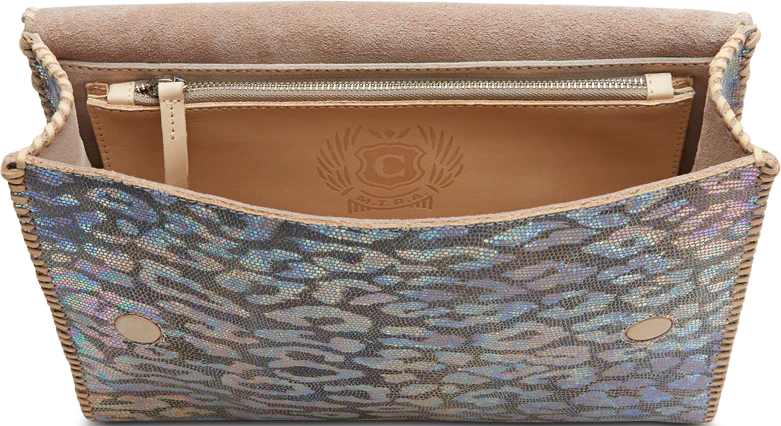 Open clutch purse with shimmering iridescent leopard print design. Beige interior with zipper pocket and leather trim; two metal snap buttons on the flap. Brand logo embossed inside: "Around Town, Iris". Sizes available: One size.